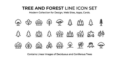 tree, forest, icon, line, outline, nature, woodland, deciduous, coniferous, pine, spruce, fir, oak, maple, birch, cedar, cypress, willow, ecology, green, environment, botanical, landscape, collection, © Shaariar