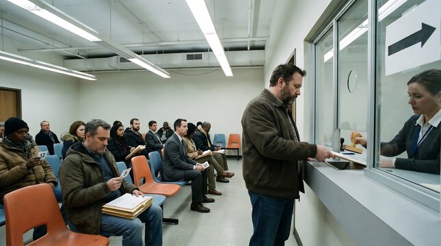 People wait in line at a government office service window while a man submits documents