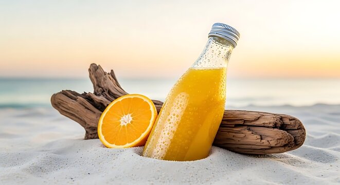 Sebotol jus jeruk segar menyandar pada kayu apung di pasir pantai putih melambangkan liburan tropis dan kesegaran musim panas