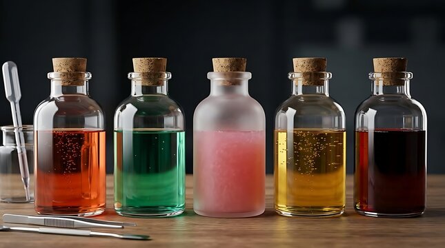 Lima botol kaca berisi cairan kimia warna-warni di atas meja kayu dengan alat laboratorium melambangkan penelitian sains dan inovasi medis