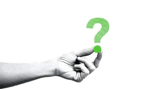 A hand holds a green question mark symbol curiously.