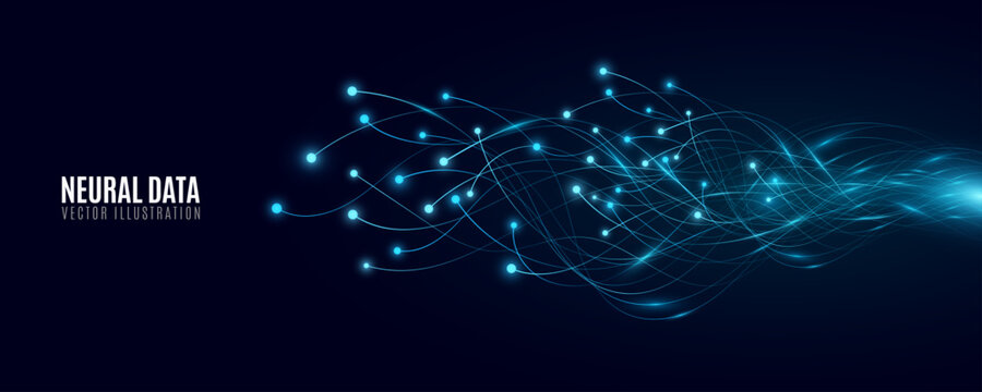 Neural data flow with glowing wavy blue lines in motion and connected particles on dark background. Artificial intelligence or digital network concept for presentations or web backgrounds. Vector.