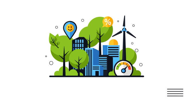 Eco friendly sustainable city concept with wind energy and green urban infrastructure.