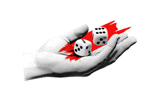 Hand holding two dice with red splash on a white background
