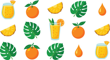 Tropical Orange and Pineapple Smoothie Vector Illustration Set with Fresh Fruit Slices Monstera Leaves Juice Glasses and Liquid Drops © Md Shujan islam