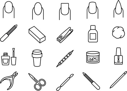 Collection of sixteen black and white line icons representing manicure tools, nail shapes, and grooming accessories for beauty projects