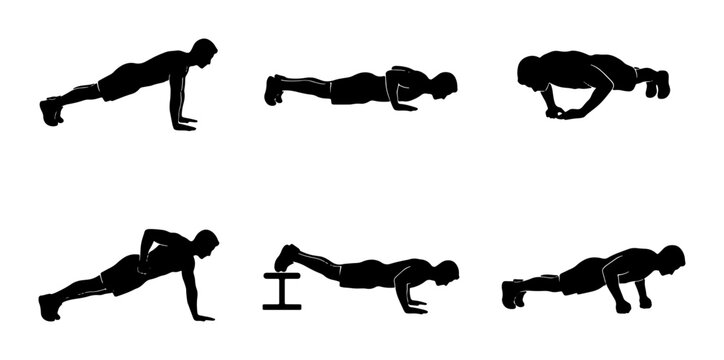 Fitness Exercise Silhouettes: Push-up Variations, Workout Guide, Bodyweight Training, Strength Building, Athletic Poses, Dynamic Movement Illustrations