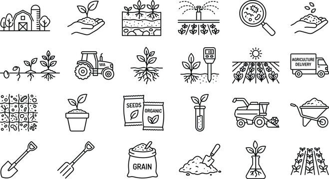Barn plant seedling sprout agriculture farm growth hand soil science tractor watering irrigation field truck seeds.