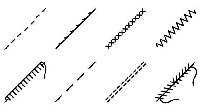 Set of Eight Black Stitch and Seam Graphics &ndash; Running Stitch, Cross Stitch, Zigzag Stitch, and Basting Line in Grid
