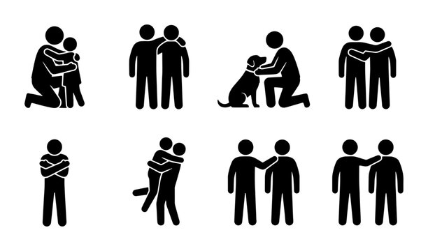 Friendship and Support Icons: Hugging, Comforting, Companionship, and Connection Vector Set