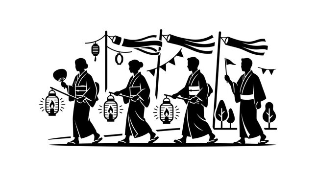 Silhouette illustration of people in traditional Japanese clothing walking in a festival procession.