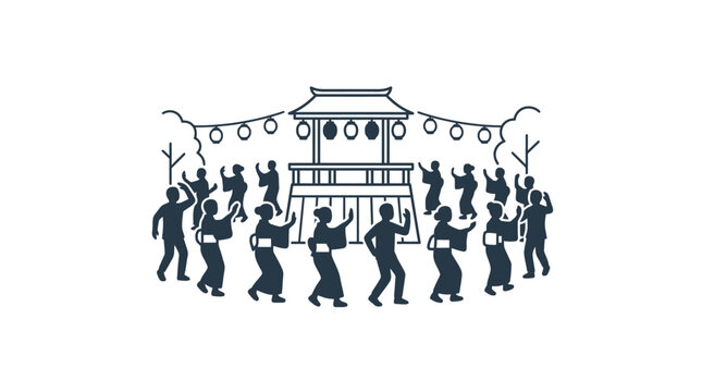 A group of people dancing in a circle around a traditional Japanese festival stage.