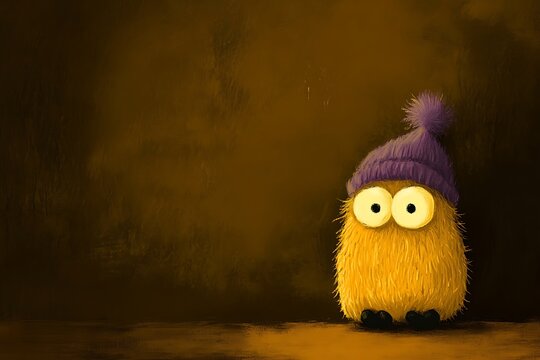 Curious yellow owl in a purple hat