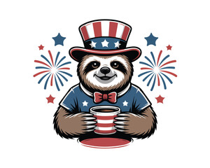 Fototapeta premium Sloth Coffee Lover for Independence day 4th of July vector illustration isolated on white background