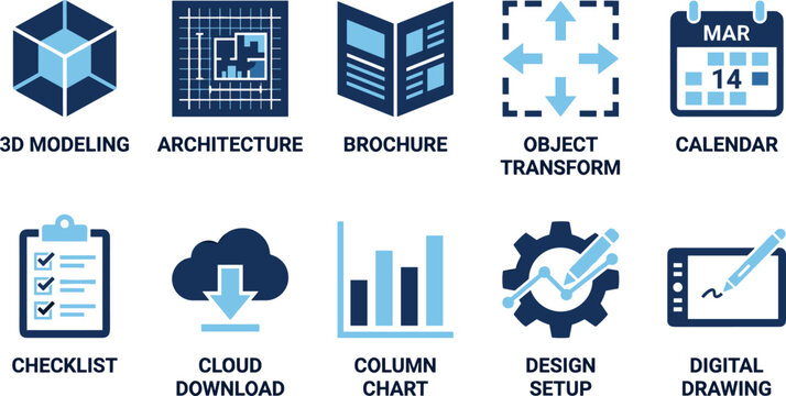Creative design and architecture blue flat icon set with three dimensional modeling and technical drawing.
