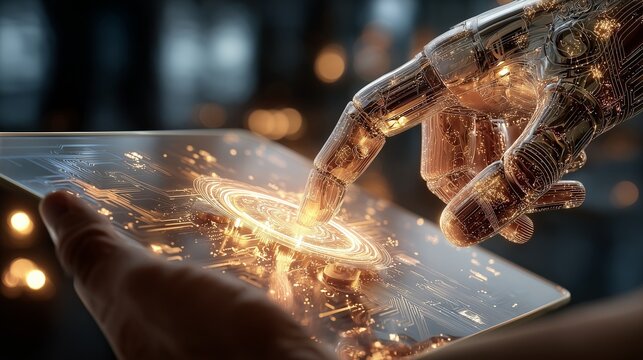 未来の人工知能や自動化を表現したロボットハンドが操作するホログラム画面の3Dコンセプトイメージ