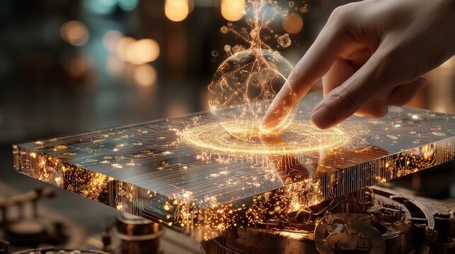 透明なディスプレイから浮かび上がる光の球体とスマートテクノロジーを表現した3Dコンセプトイメージ