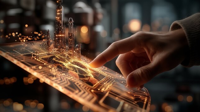 透明なディスプレイの上に浮かび上がる未来都市の3Dコンセプトイメージ
