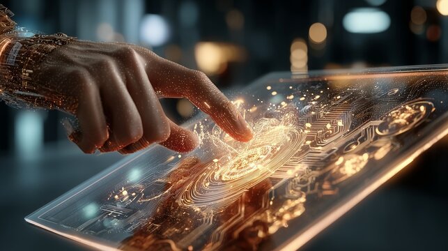 近未来のスマートテクノロジーを表現したホログラム画面を操作する手の3Dコンセプト