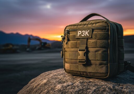 Tactical First Aid Kit Pouch on a Rock at a Construction Site During Sunset for Safety and Emergency Preparedness