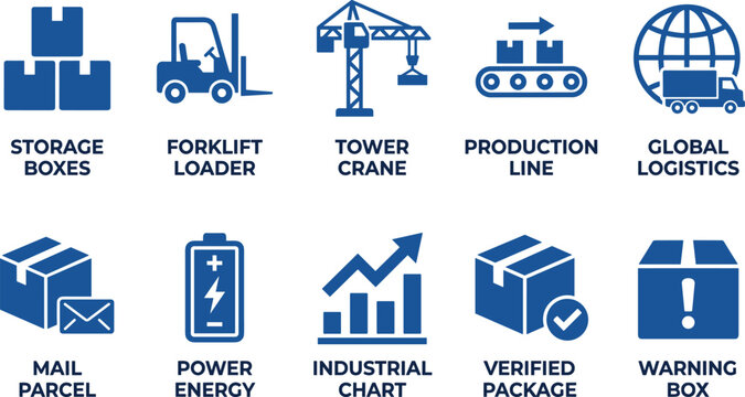 Industrial supply chain icons representing warehouse operations logistics manufacturing and cargo delivery.