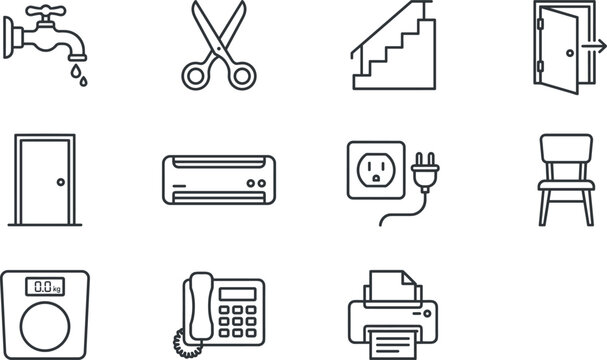 Maintenance and office equipment line icons with water tap scissors stairs exit door phone and printer set.