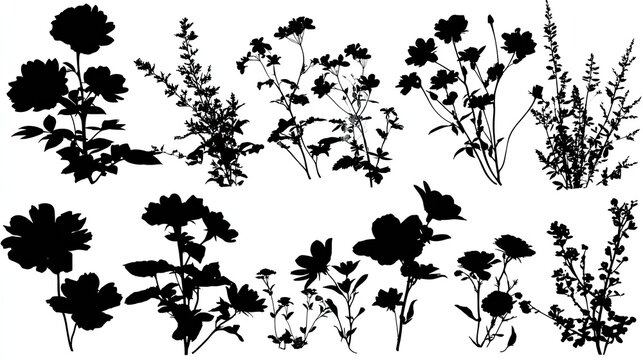 Silhouettes of various flowering plants and wildflowers shown in black on white.