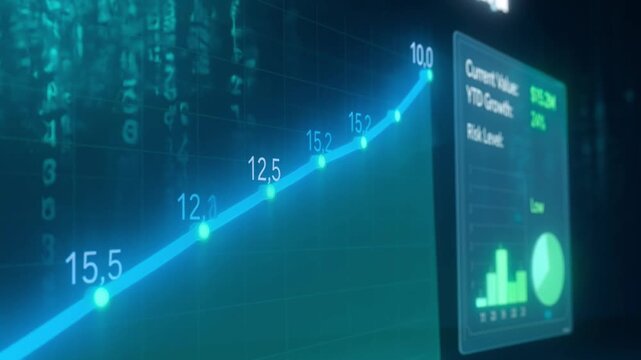 Investment growth dashboard with blue line graph and financial data on screen display