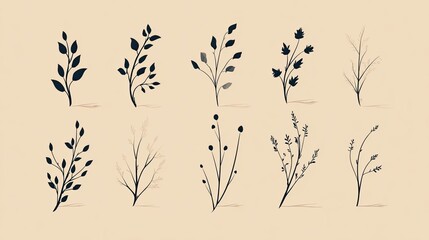 Obraz premium Collection of delicate botanical sprigs and leaves on a neutral background.