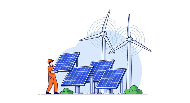 A solar panel technician installing photovoltaic panels with wind turbines in the background.