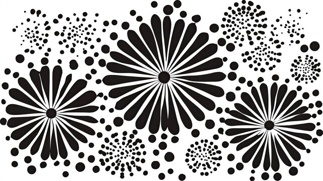 Black floral and dot patterns arranged in a dynamic composition.