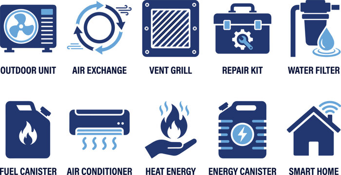 Modern hvac systems and climate control icons featuring air conditioner fuel canister and smart home system.