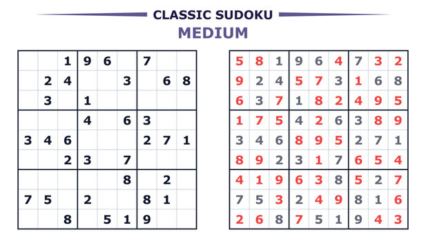 Medium level classic sudoku puzzle printable with solution