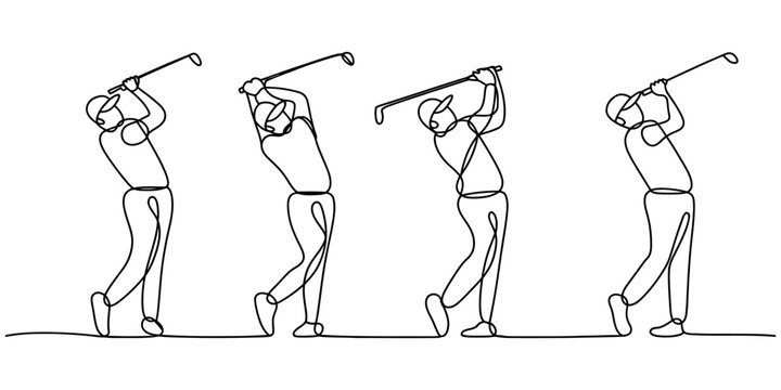 Continuous single line drawing of a golfer swinging a golf club in a sequence showing the full motion of a professional player playing a game of golf Vector, illustration