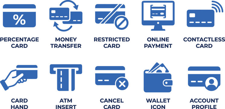 Percentage money transfer restricted online payment contactless card hand atm insert cancel wallet icon blue.