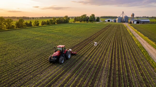 Red tractor and drone working together in corn field during sunset, precision agriculture and smart farming technology