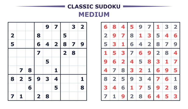 Classic sudoku medium level printable puzzle with solution