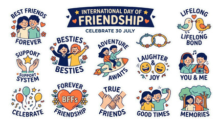 Fototapeta premium International Day of Friendship Doodle Sticker Pack Vector Illustration with Cute Friends Icons and Social Symbols