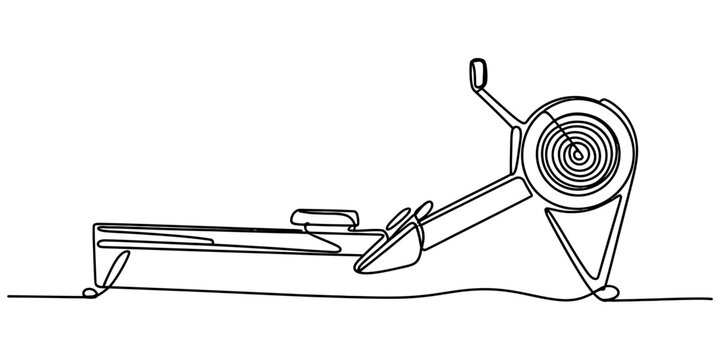 Continuous single line drawing of a rowing machine for gym exercise fitness equipment showing the side view of the indoor rower for cardio workout routine Vector, illustration