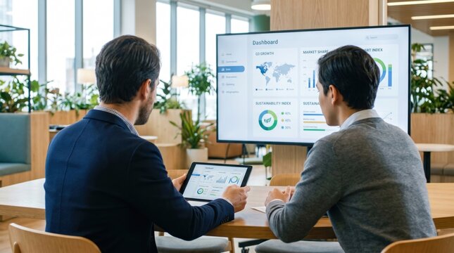 Two professional men analyzing business dashboard on large screen and tablet in modern office, corporate data visualization, financial growth strategy meeting concept.