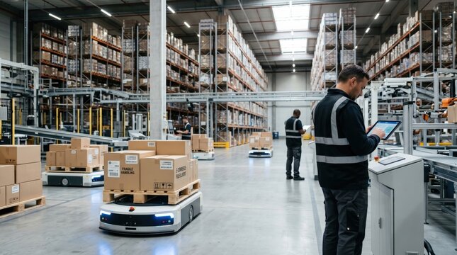 Modern automated warehouse with autonomous mobile robot transporting pallet of boxes, logistics manager using tablet for inventory control, smart supply chain technology