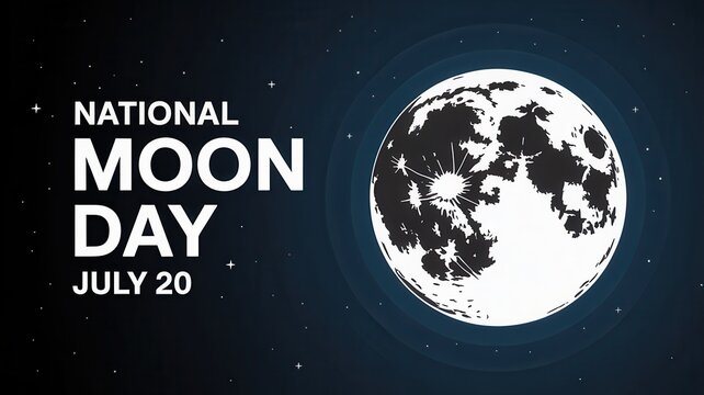 National Moon Day banner with a detailed lunar illustration and stars on a dark background