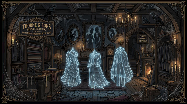 Ghostly Victorian garments float inside a dark, cobweb-covered tailor shop named Thorne and Sons, surrounded by old mirrors and ravens.