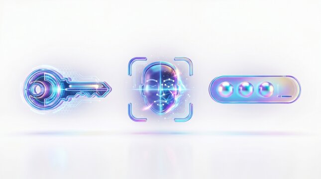 Futuristic digital key icon next to a glowing biometric face recognition scanner and a secure password input field rendered in iridescent holographic colors on white background