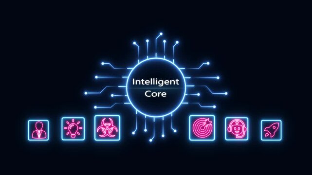 Intelligent core ai technology concept: digital neural network interface with glowing neon for data processing and business innovation