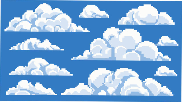A collection of white pixelated clouds against a bright blue background a digital vector illustration cloudscape cloud formations cumulus pixel art