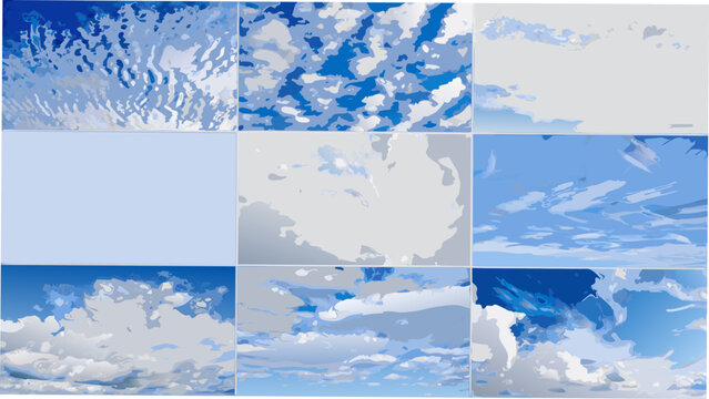 A grid of nine vector illustrations depicts various cloud formations in shades of blue and gray azure atmospheric celestial cloudscape cumulus