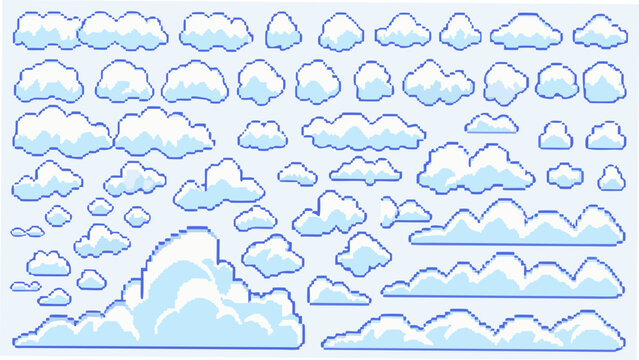 Pixelated cloud collection a vector illustration with a light blue color palette and a white background 8 bit clouds azure cartoon cloudscape