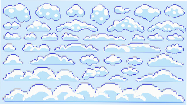 A collection of pixelated cloud shapes in a light blue color scheme presented as a repeating pattern 8 bit clouds cloudscape digital