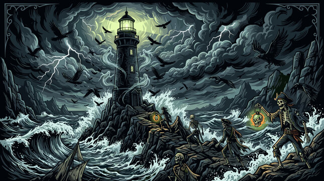 Skeleton pirates and ghosts invade a rocky lighthouse island during a fierce storm with crashing waves and a sky full of ravens and lightning.